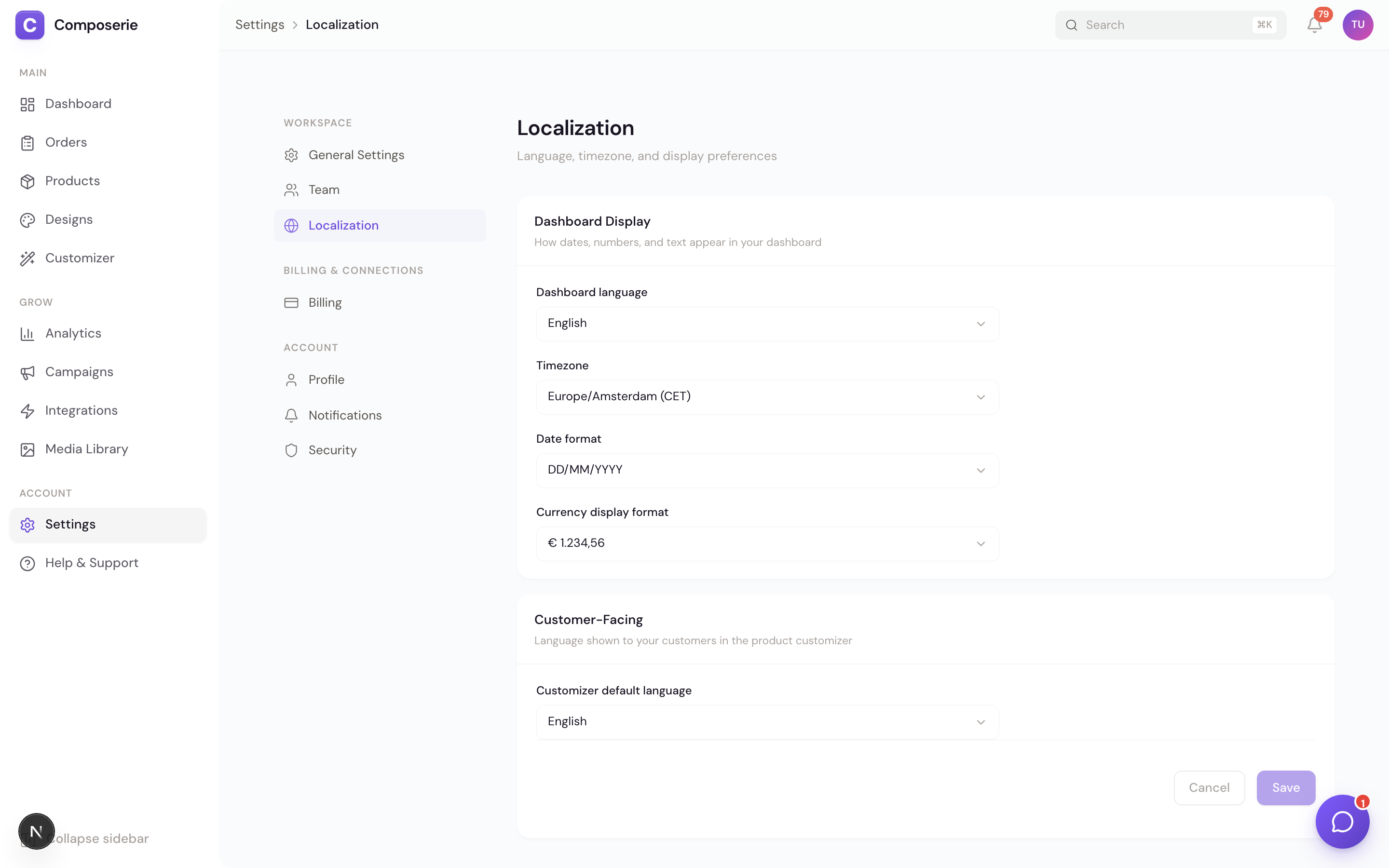 Localization page with dropdowns for dashboard language, timezone, date format, and currency display format