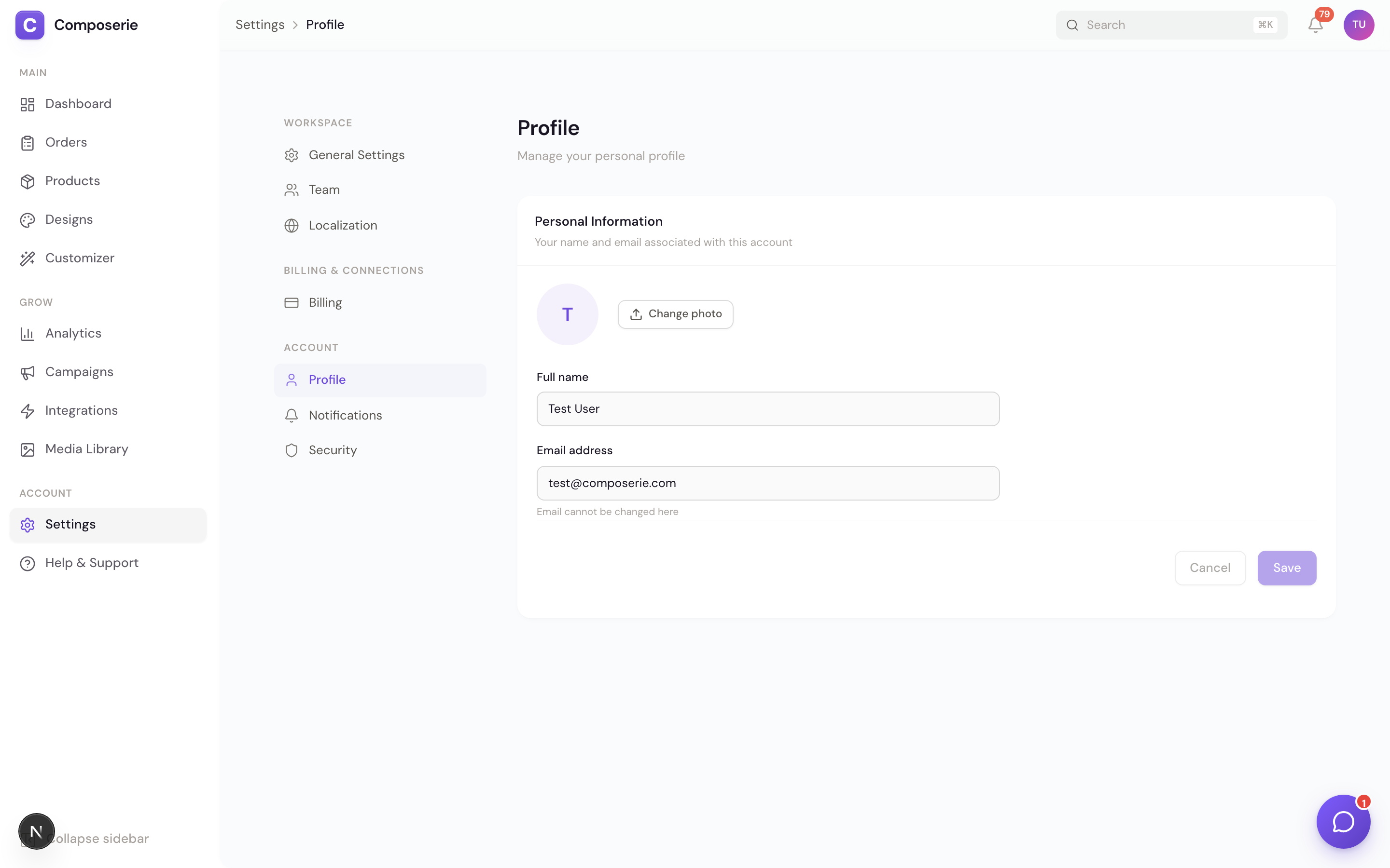 Profile settings page with an avatar circle, a name field, and a disabled email field