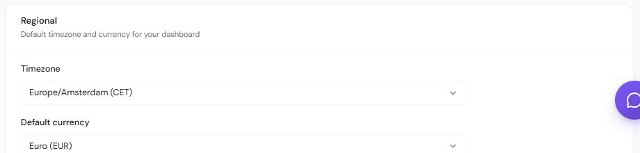 Regional section with timezone and default currency dropdowns