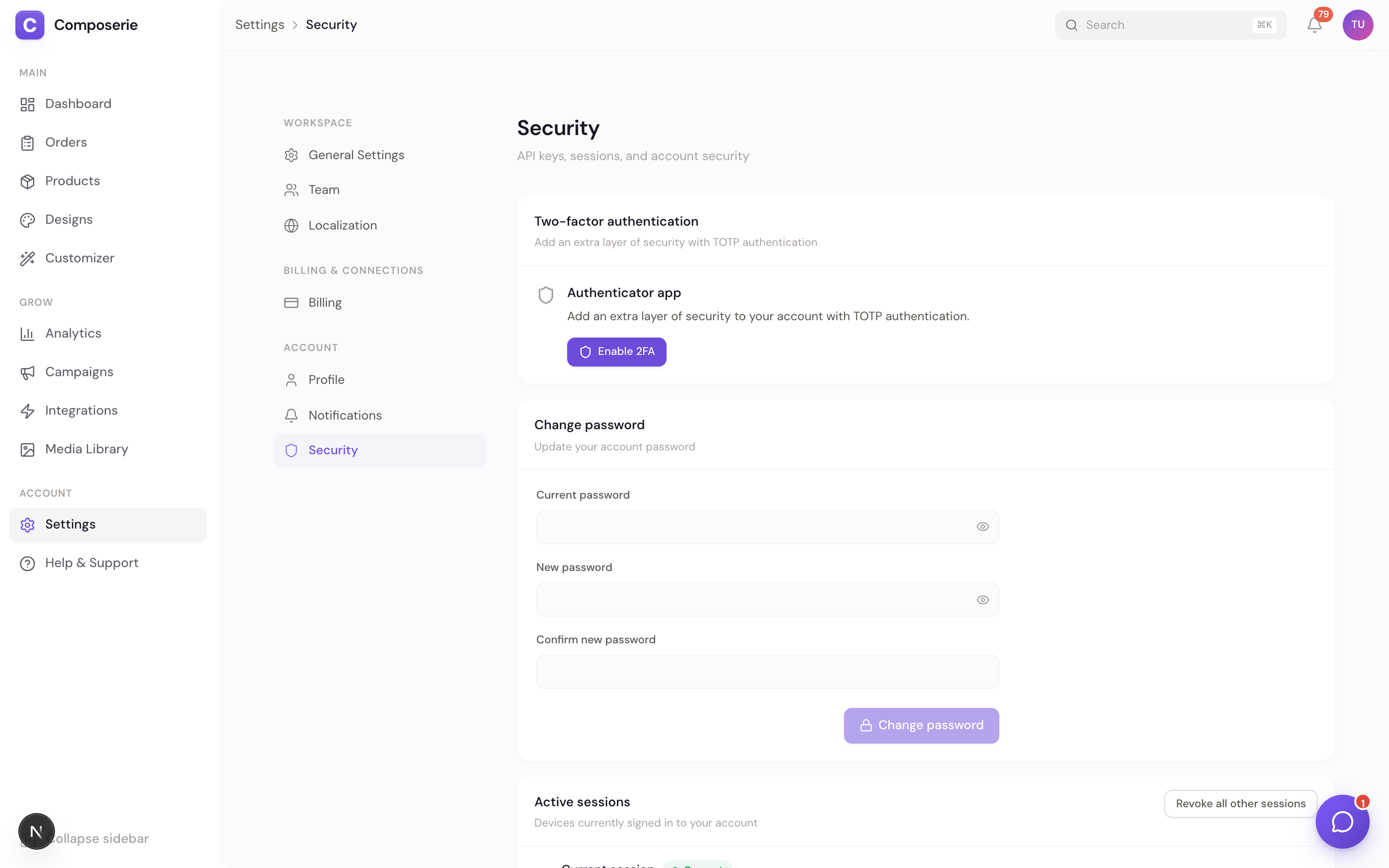 Security settings page listing two-factor authentication, password, active sessions, and more