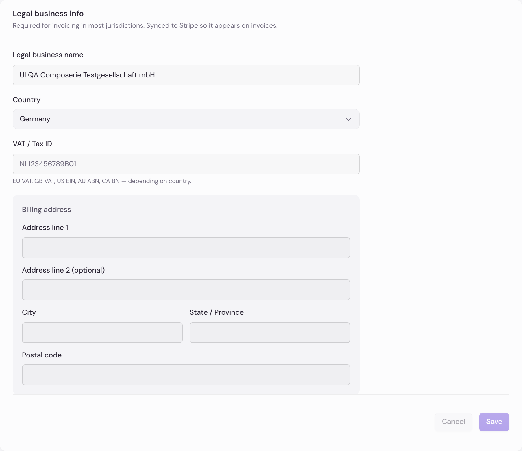 The legal business info form in billing settings with fields for legal business name, country, VAT or Tax ID, and billing address