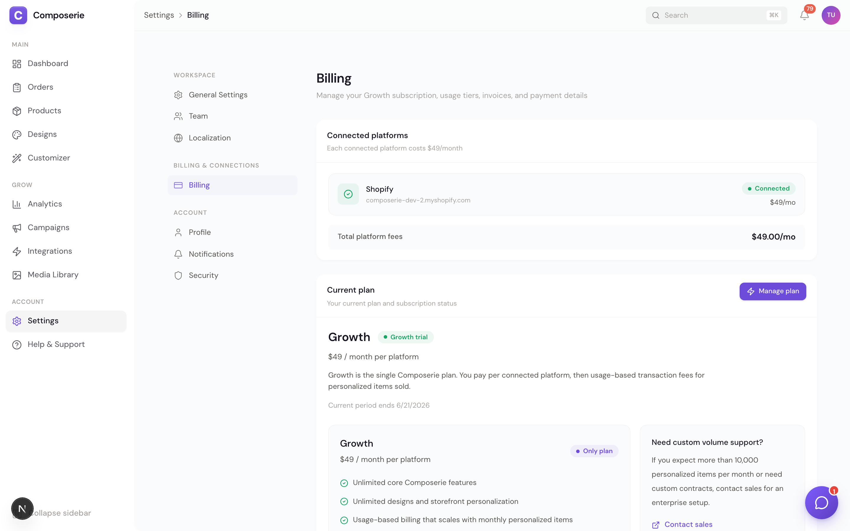 The current plan card in billing settings showing the active Shopify-managed plan