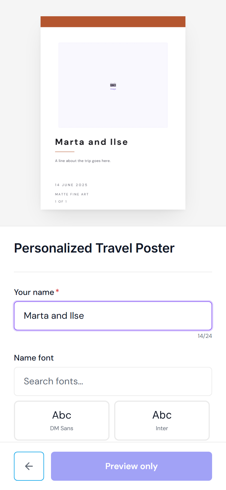 The customizer on a phone with the preview stacked above the personalization controls