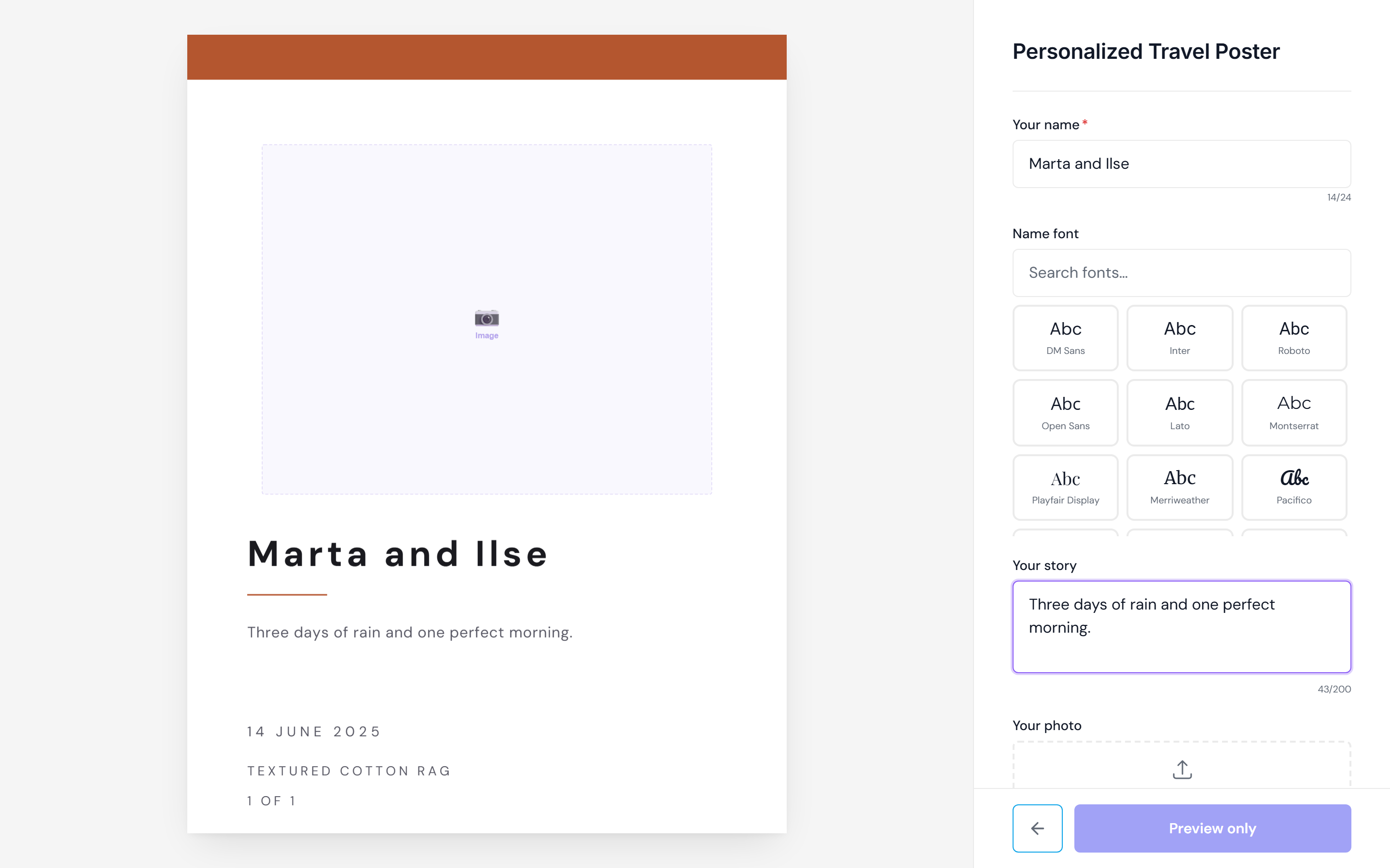 Customer customizer with completed text, dropdown, and product choices beside the live preview