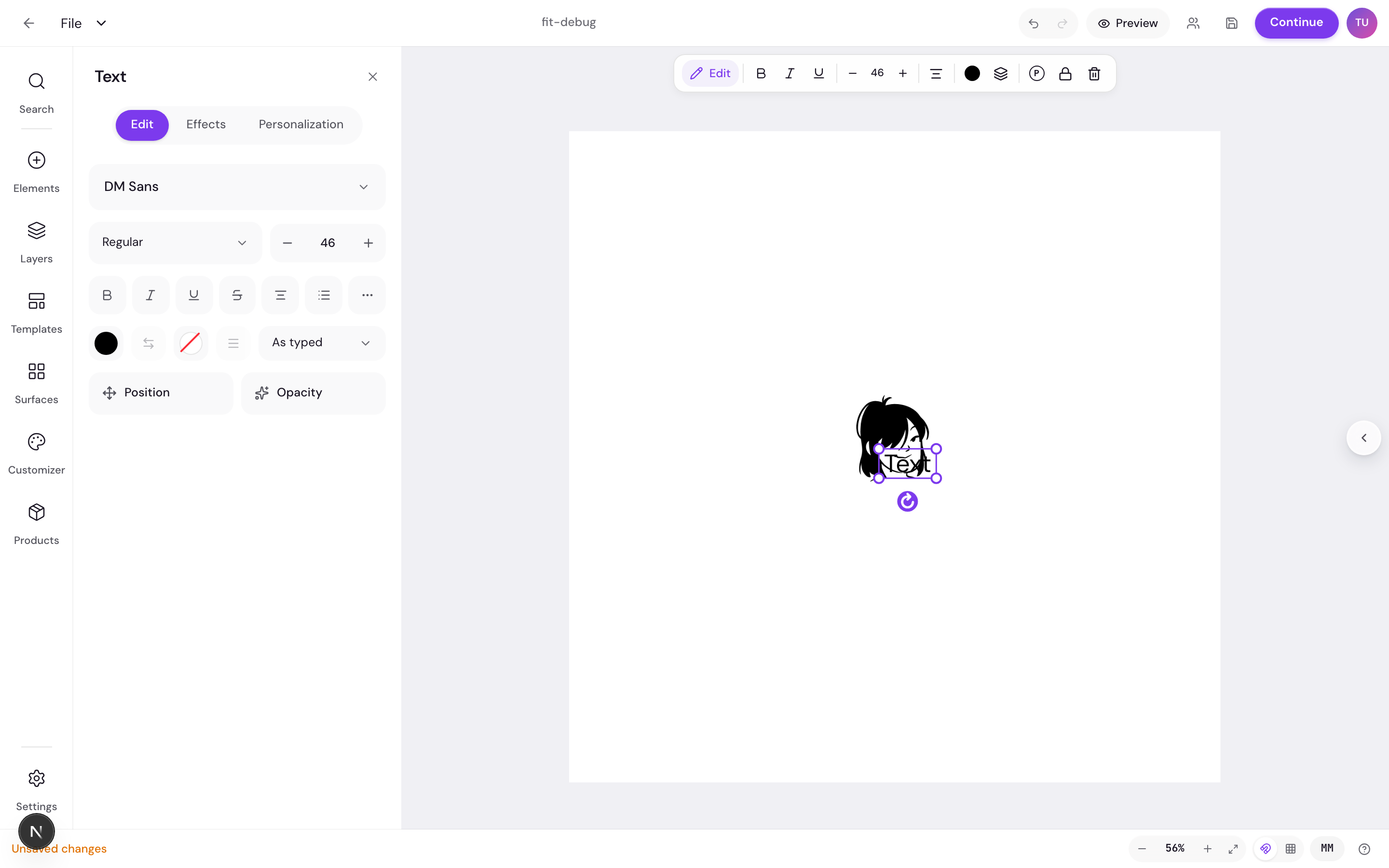 A new text element selected on the canvas with the floating text toolbar above it