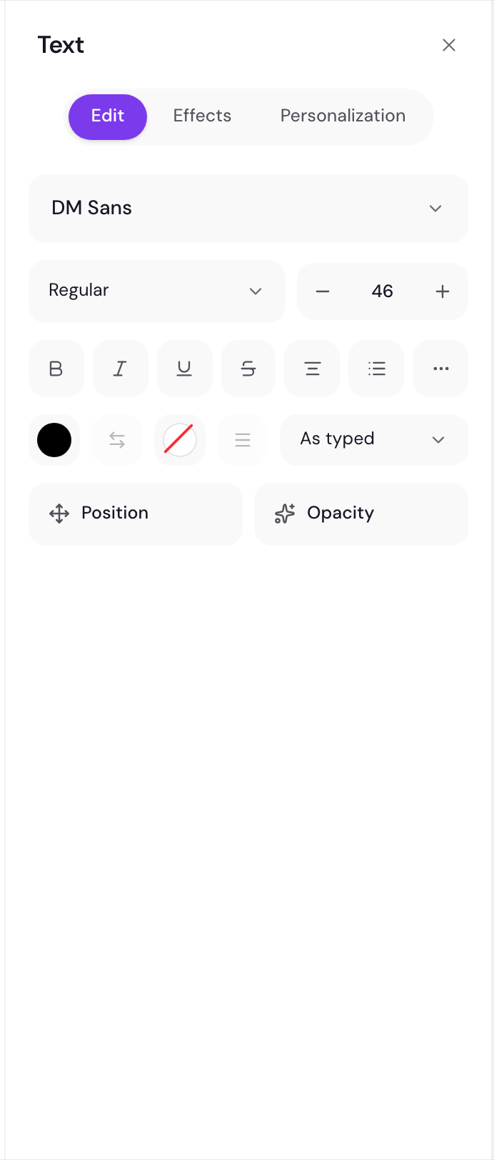 The text properties panel with content box, font picker, size, bold/italic, color, and alignment