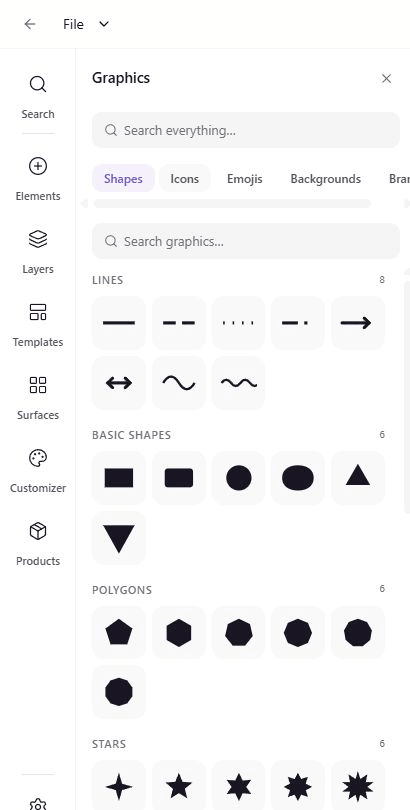 The Shapes tab in the Graphics panel with grouped shape categories