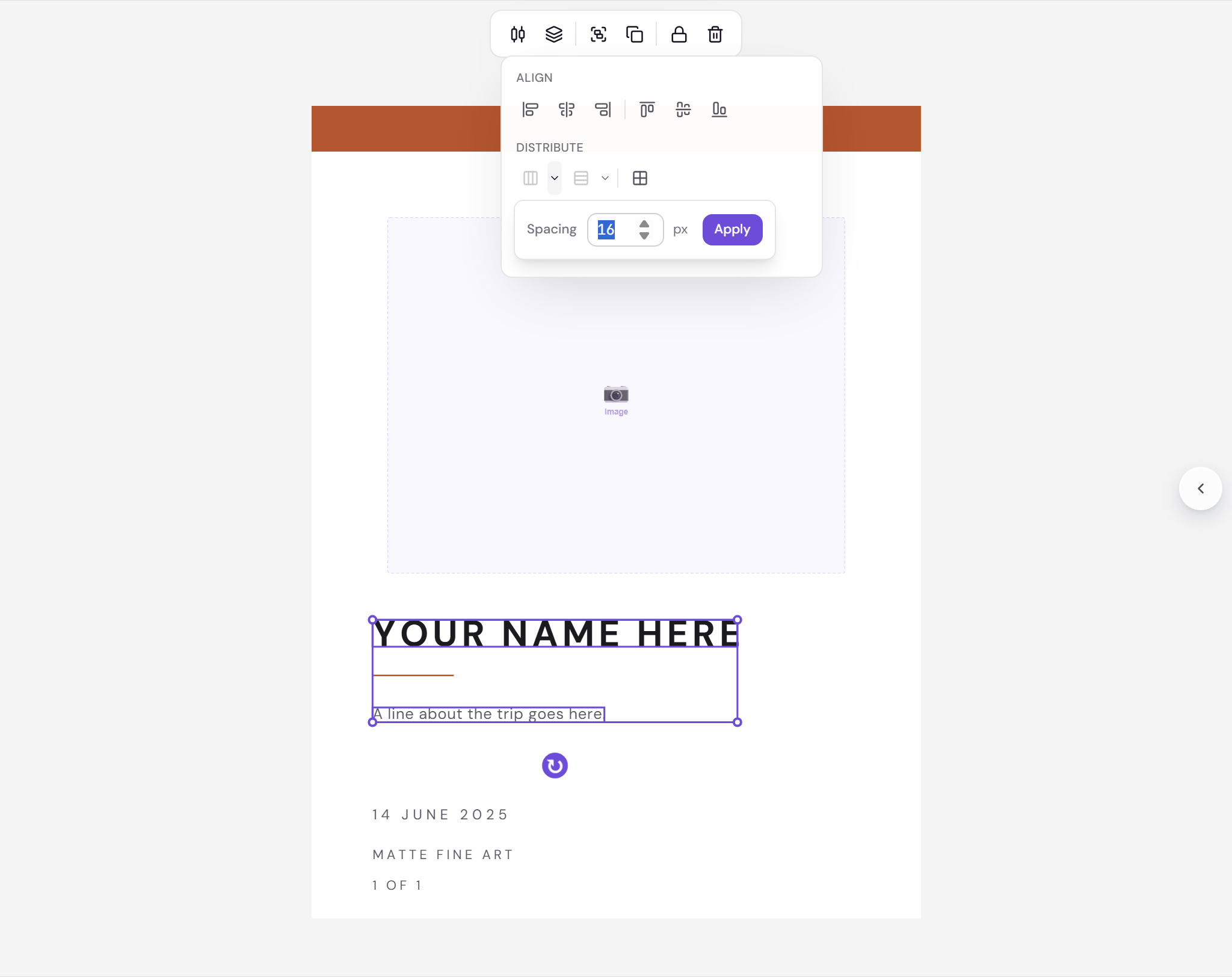 The distribute control with the custom spacing popover open
