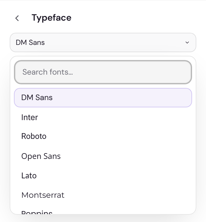 The Typeface drawer with the font list open, each font drawn in its own typeface