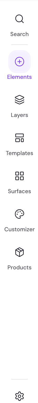The vertical icon rail showing Search, Elements, Layers, Templates, Surfaces, Customizer, Products, and Settings