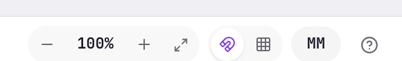 The bottom-right zoom pill with unit toggle, zoom out, percentage, zoom in, and Fit to screen