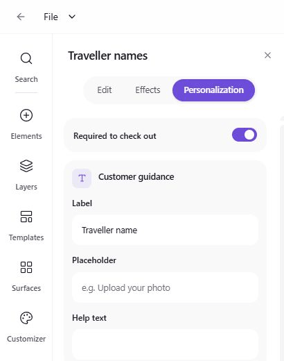 The personalization fields showing field type, label, required toggle, and limits
