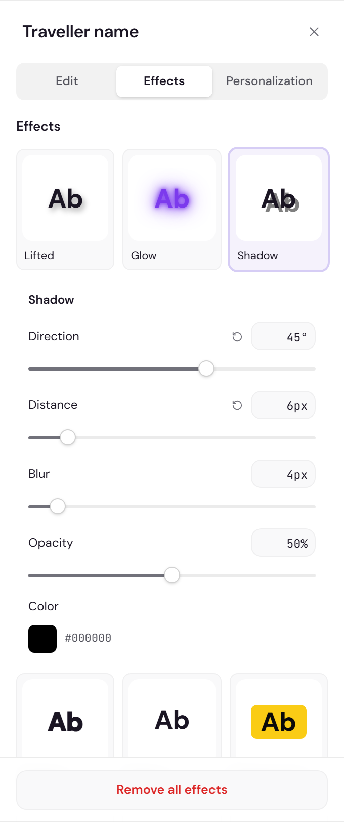 Earlier Effects tab with Shadow switched on and its Direction, Distance, Blur, Opacity and Color controls open beneath the tile row