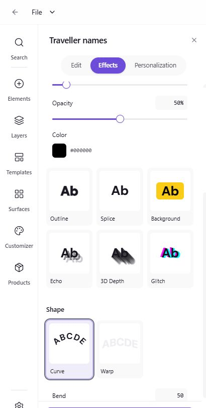 Earlier Shape section with the Curve and Warp toggles