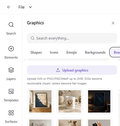 The Brand tab with an upload button and a grid of uploaded brand assets
