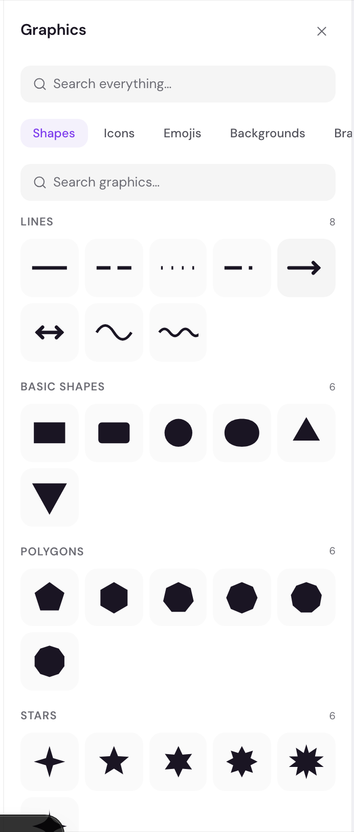 The Graphics panel showing the Shapes, Icons, Emojis, Backgrounds, and Brand tabs