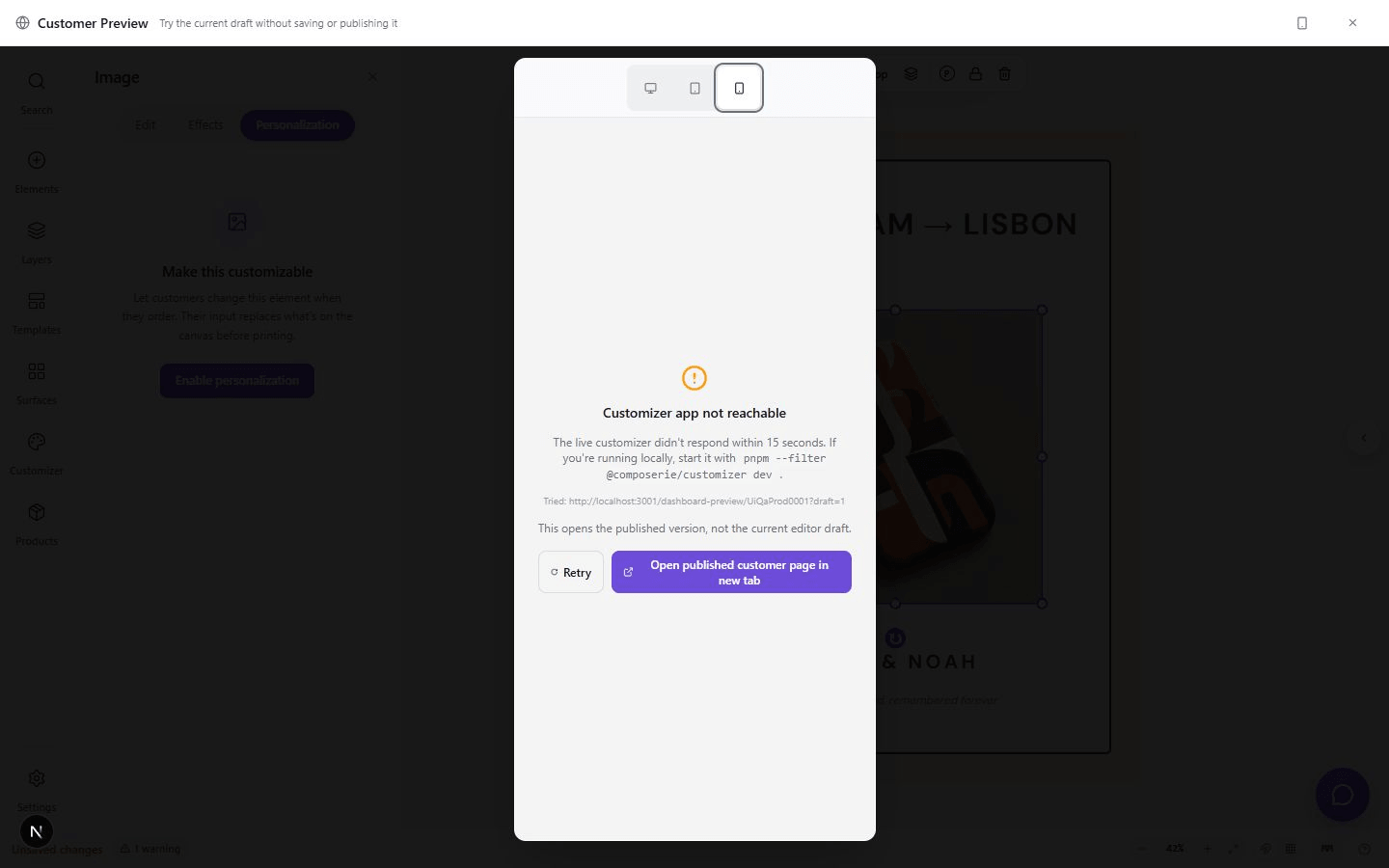 Mobile Customer Preview with a stacked canvas and personalization form