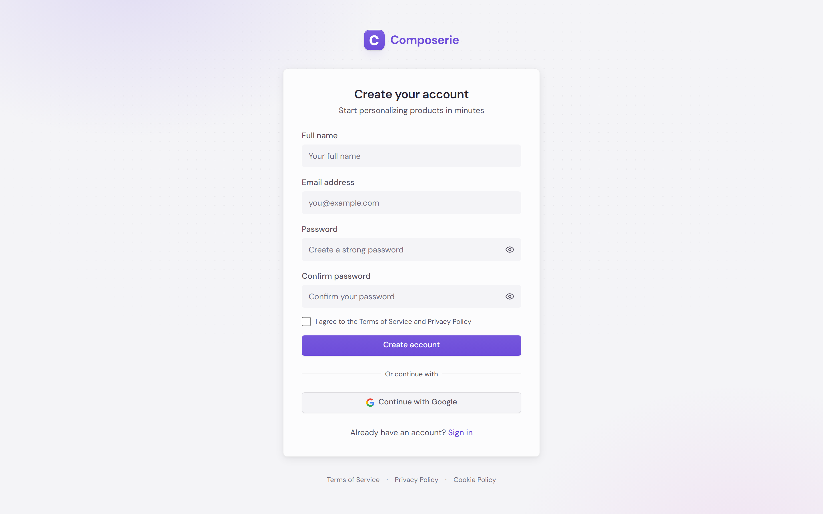 Composerie registration form with fields for full name, email, password and password confirmation