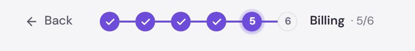 The onboarding step indicator on step five: four ticked circles, the fifth active, the sixth waiting, labelled Billing 5 of 6