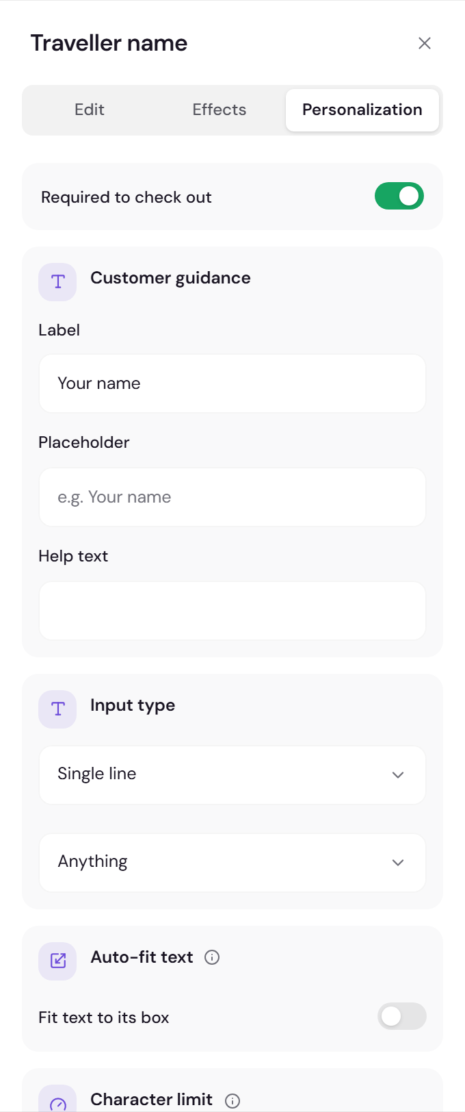The Personalization tab for a text layer: a Required to check out toggle, Customer guidance with Label, Placeholder and Help text, an Input type of Single line with an Anything character rule, and Auto-fit text below it