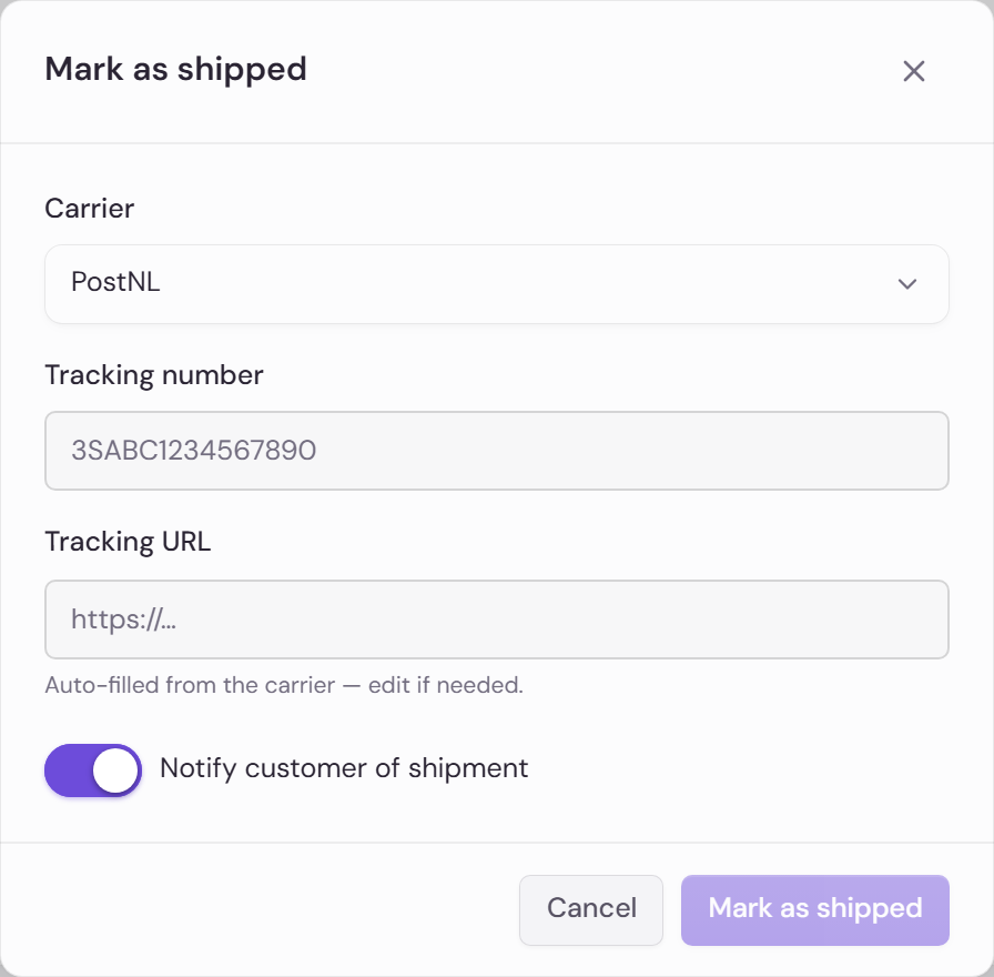 Mark as shipped dialog with carrier, tracking number, tracking URL, and customer notification switch