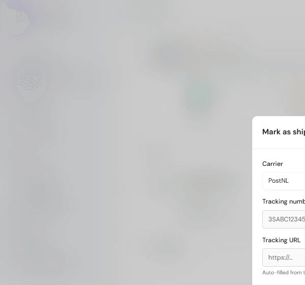 Shipment dialog with carrier, tracking number, tracking URL, and notification controls