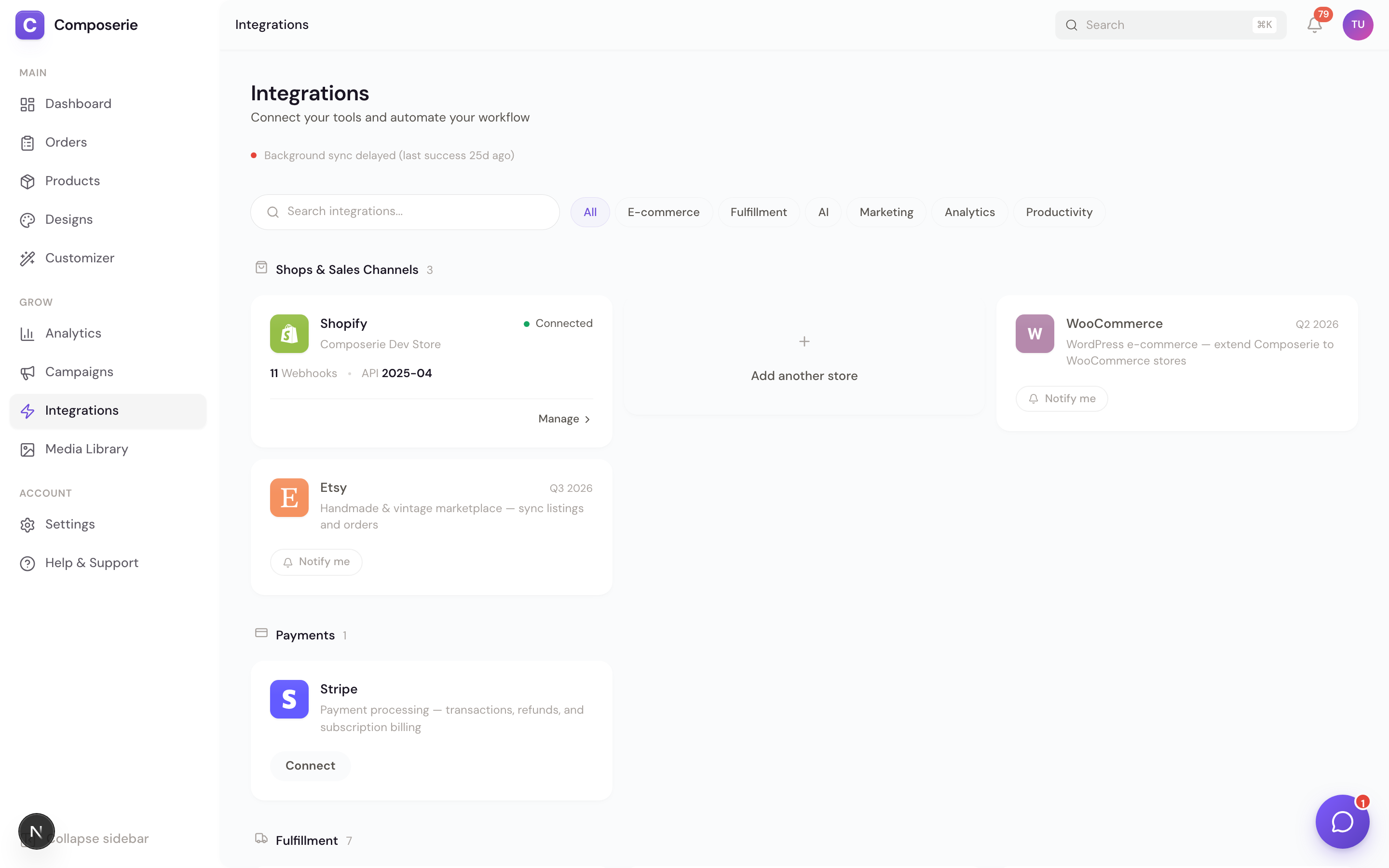 The Fulfillment section of the Integrations page showing provider cards