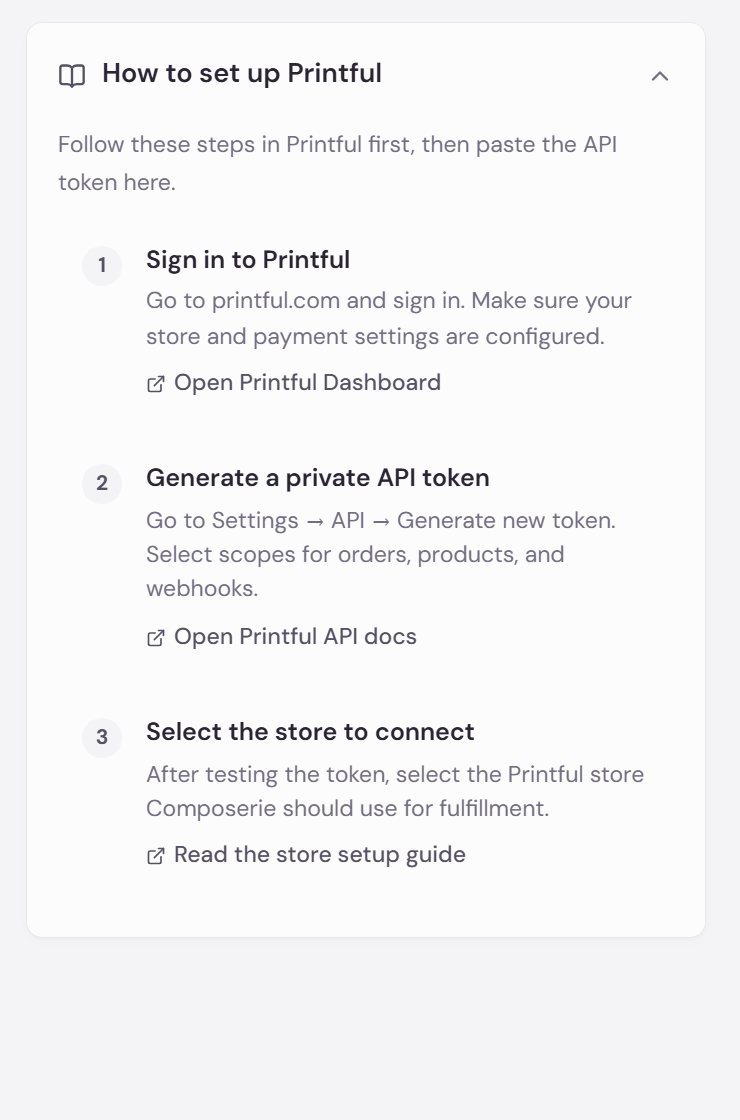 The Printful setup guide on the connect page