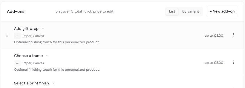 The Add-ons card on the product page listing add-ons with their prices