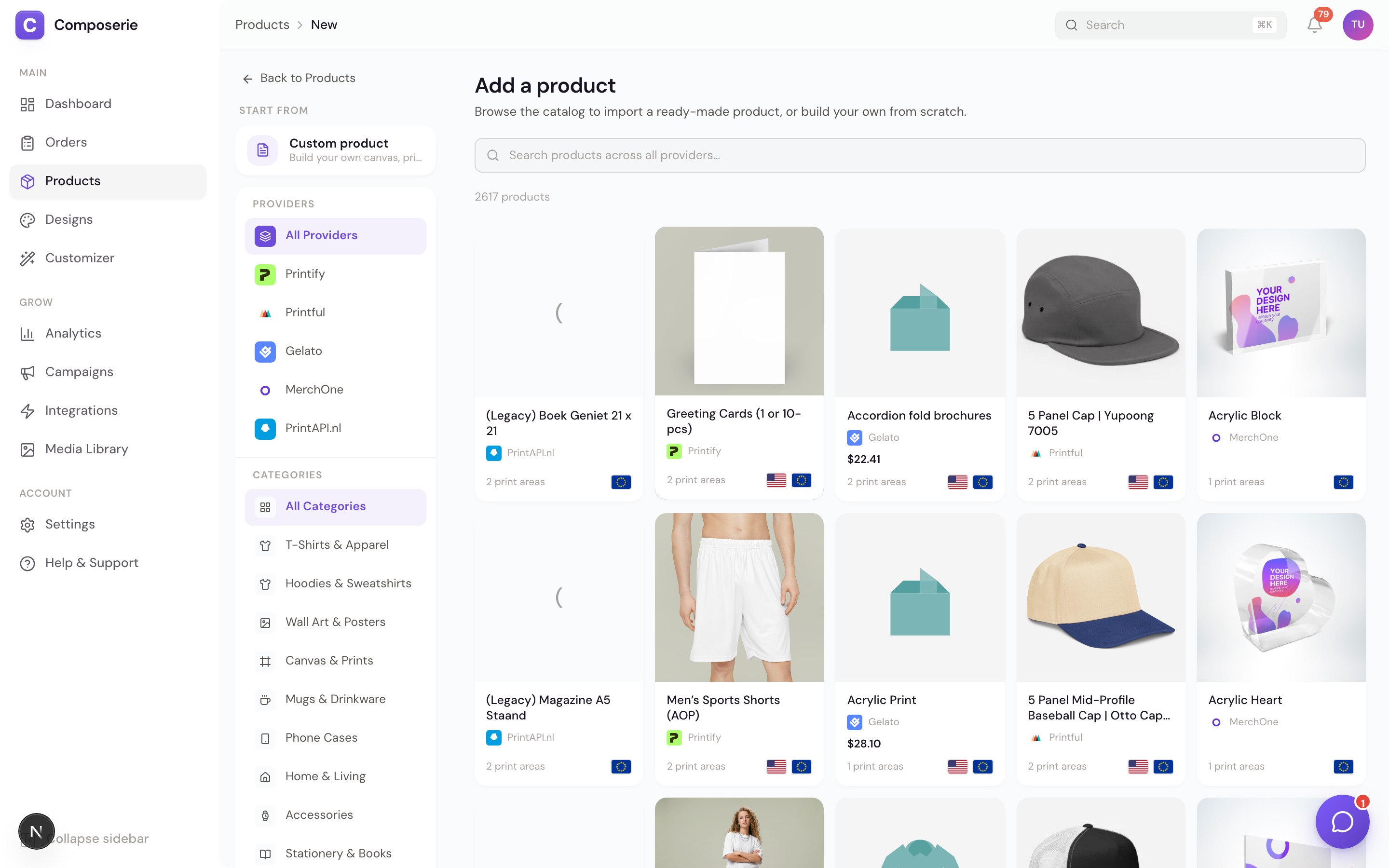 The product creation screen showing the catalog browser with Custom product and Templates entries in the sidebar