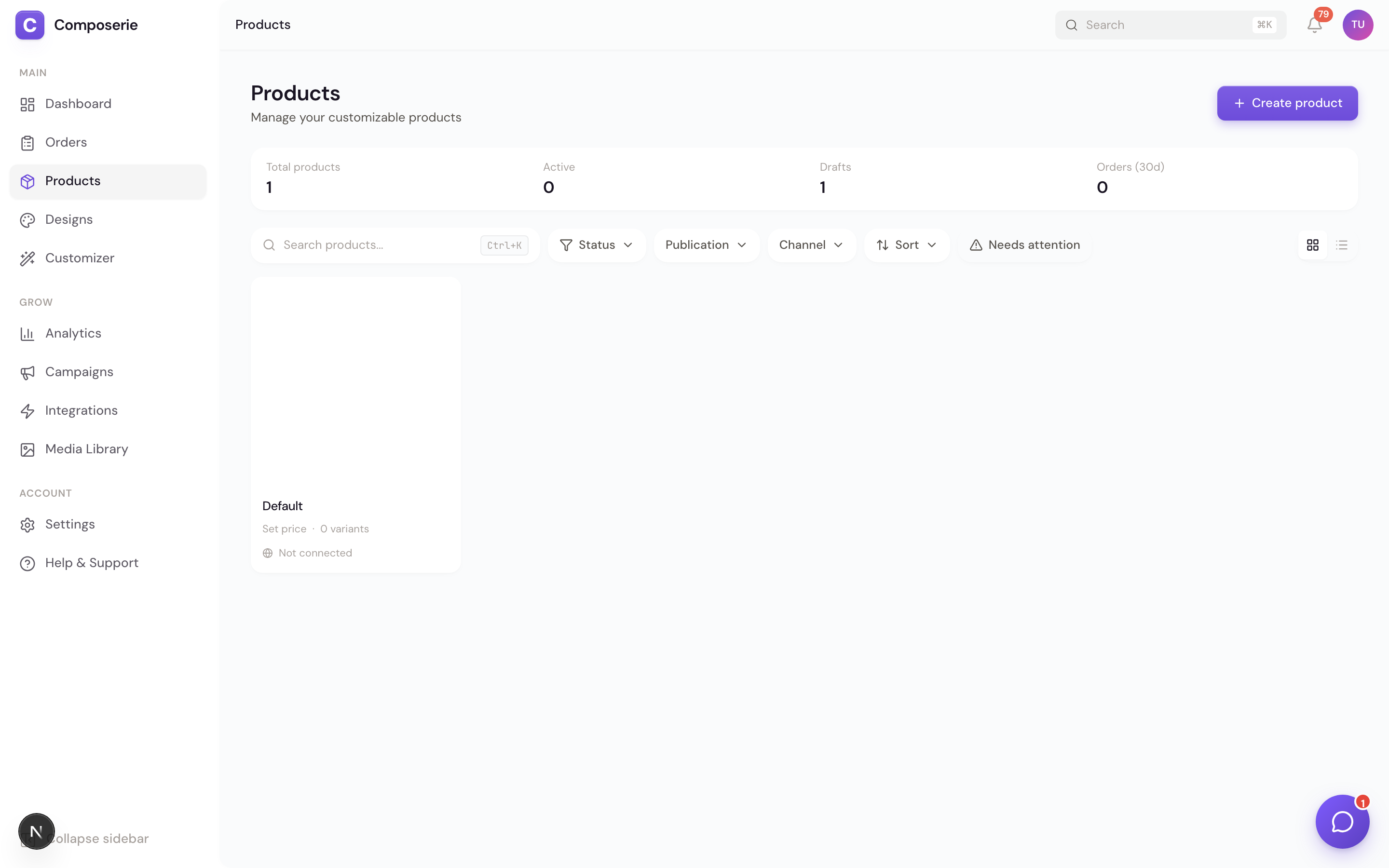 The Products page with a stats bar, filter toolbar, and a grid of product cards