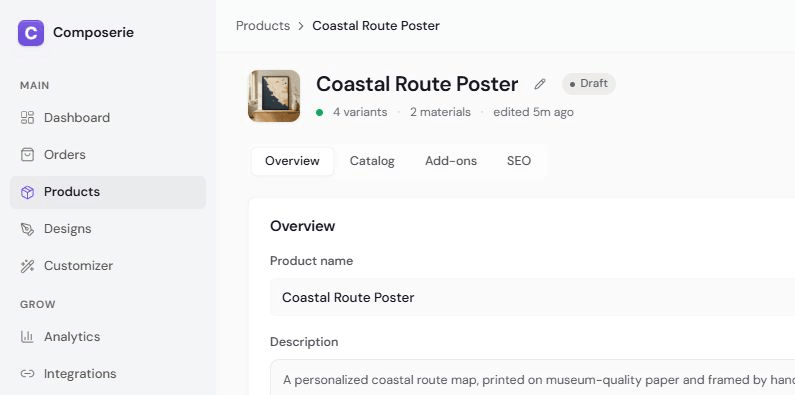 Composerie product Overview with the product name and description fields