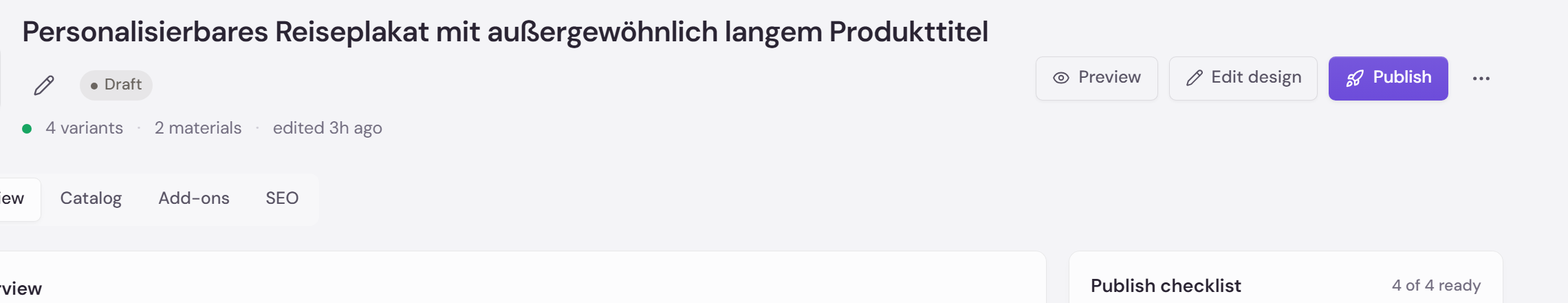 The product page header with the product name, a Draft status pill, and the Preview, Edit design and Publish buttons