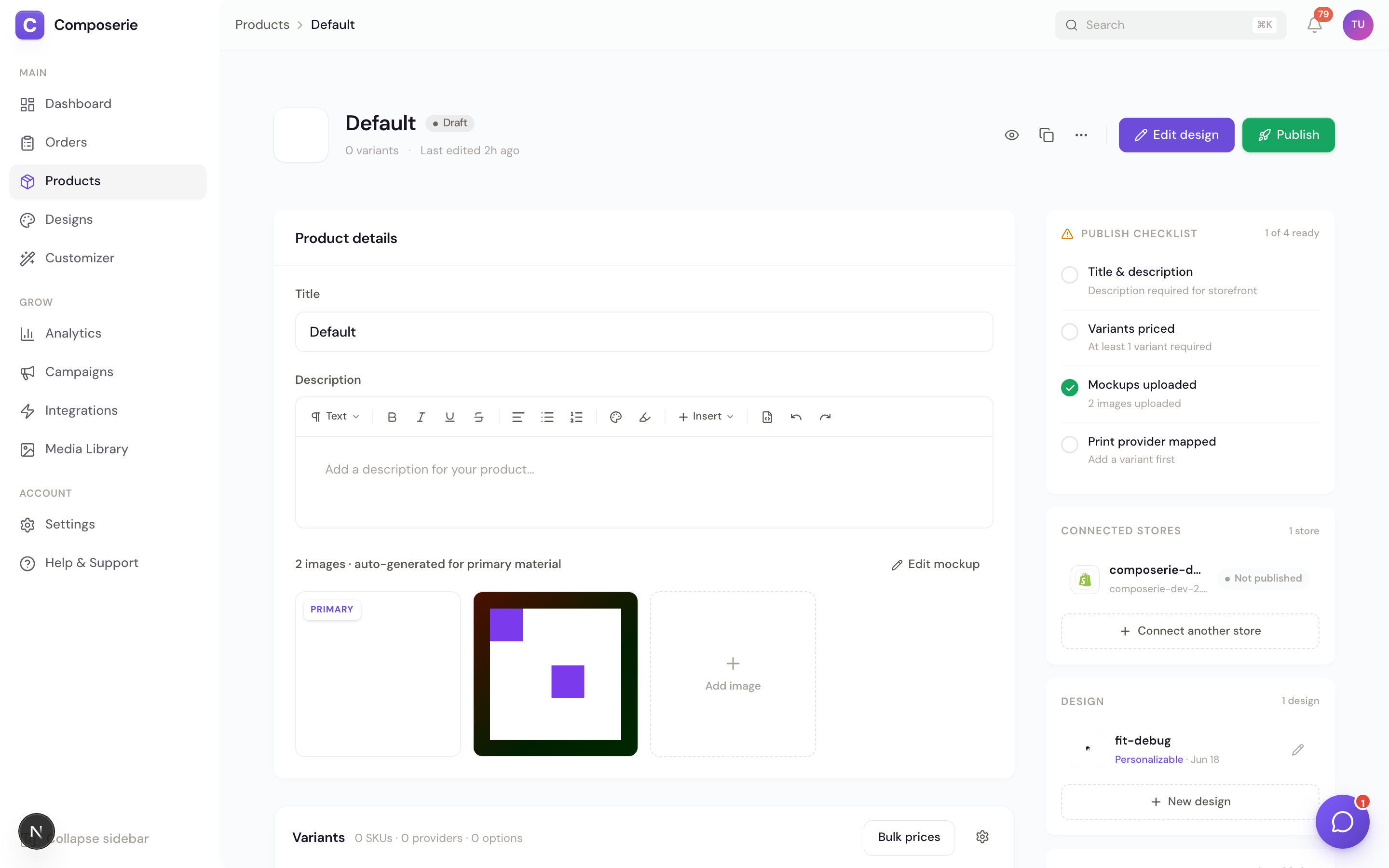The full product page with the variants and add-ons in the main column and the sidebar cards on the right