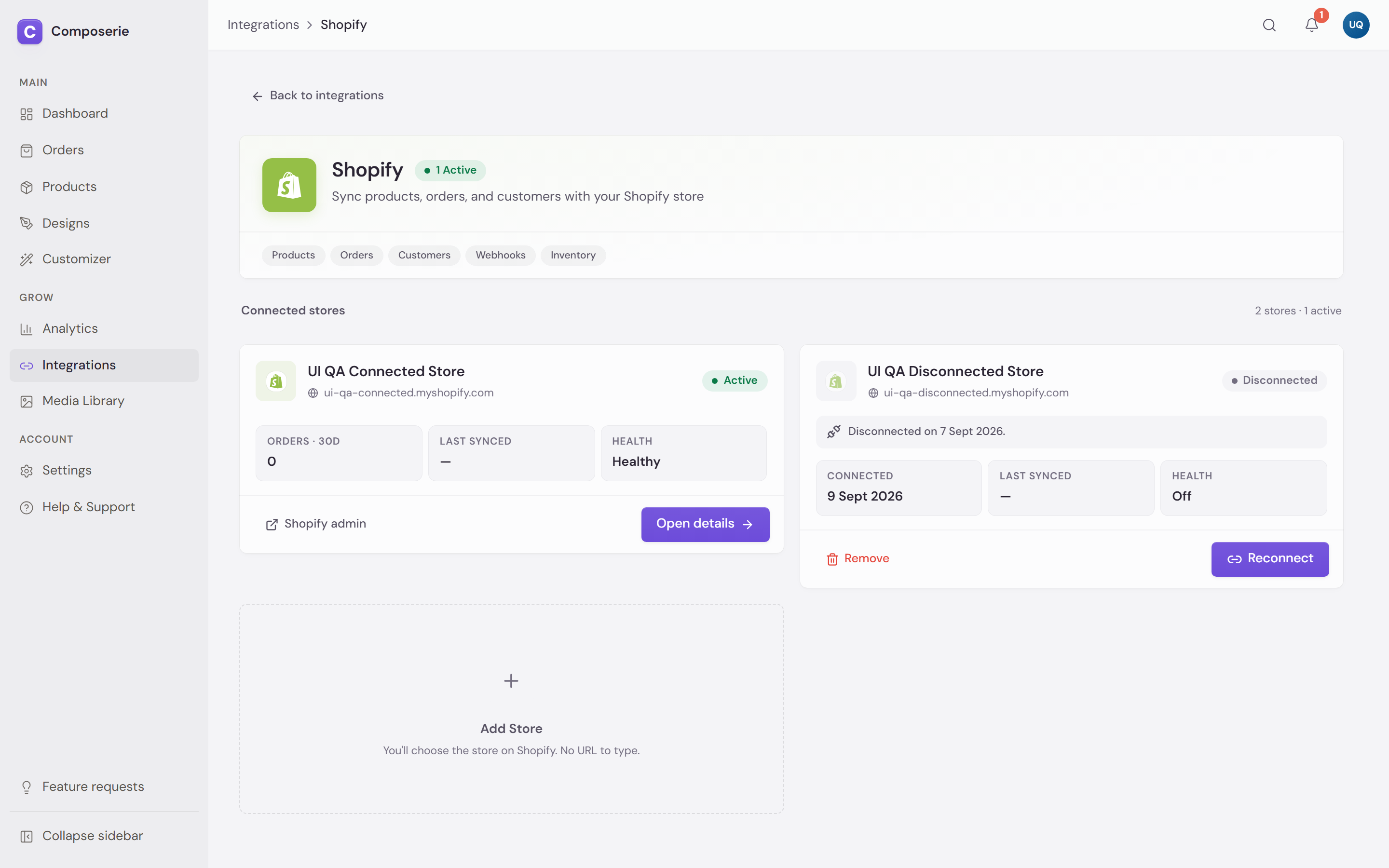 Composerie Shopify integration showing the active connected storefront