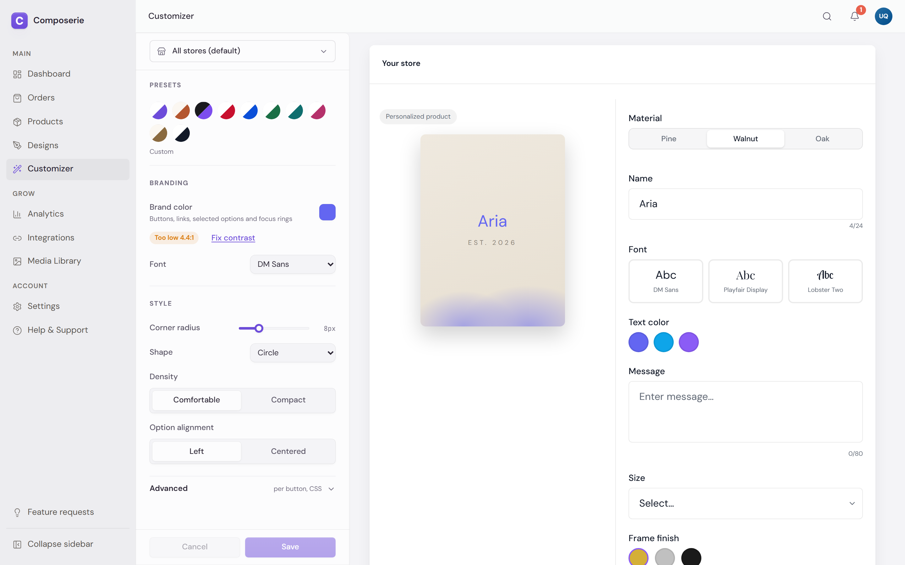 The Customizer settings page with colour presets, a Brand color with a contrast reading, a font picker, corner radius, shape, density and option alignment, beside a live preview of a product being personalized