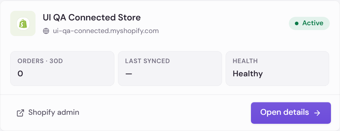A connected store card reading Active, with its shop domain and three stats: orders in the last thirty days, last synced, and Health reading Healthy