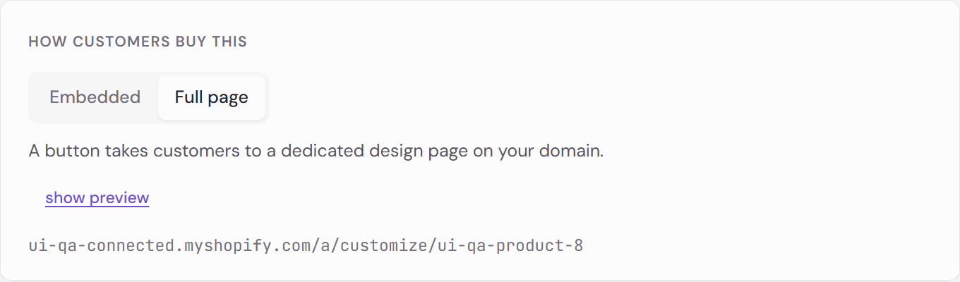The How customers buy this control with Full page selected, and the line A button takes customers to a dedicated design page on your domain