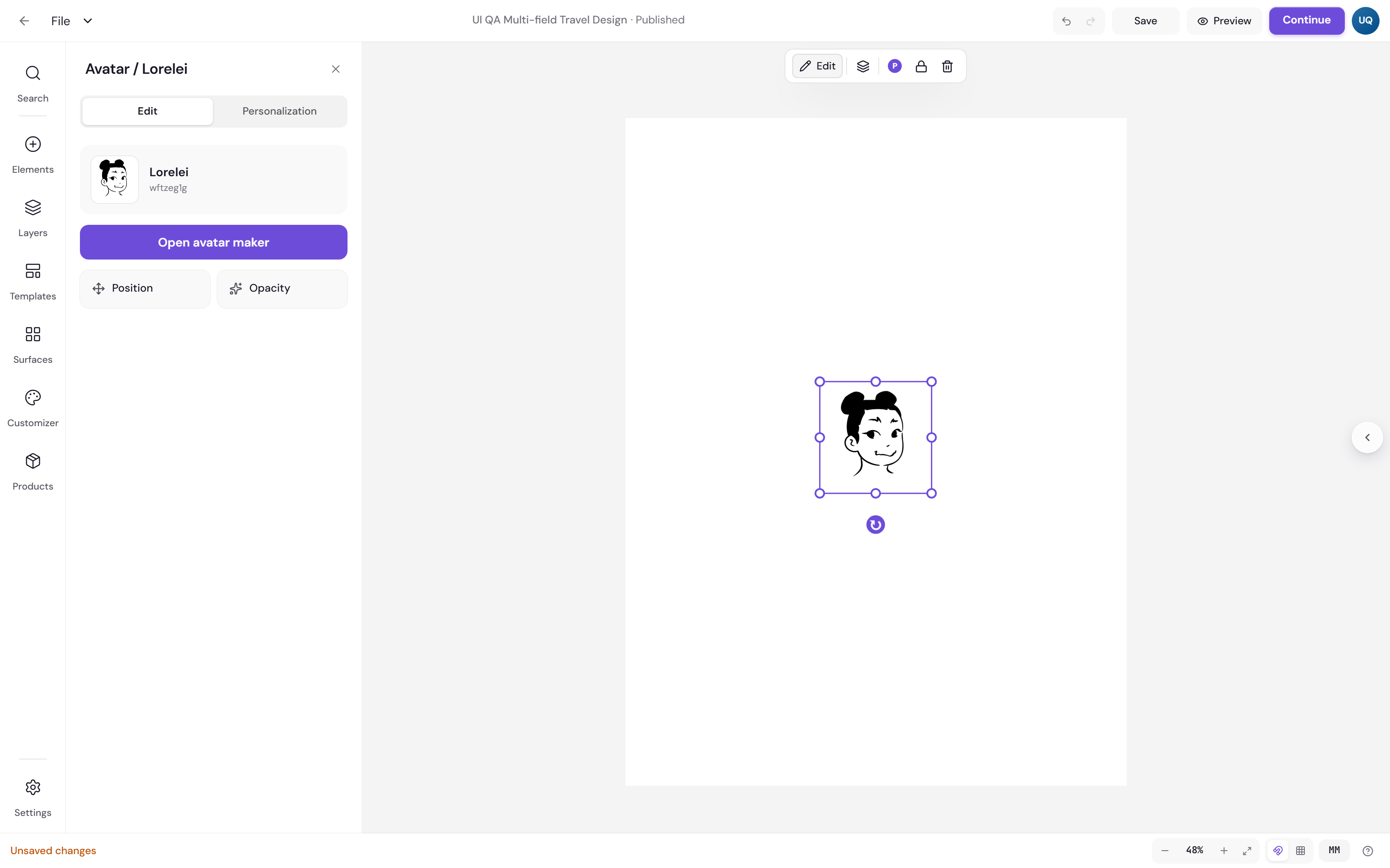 Earlier avatar settings panel next to an avatar on the canvas, showing a summary card and a button to open the avatar maker again
