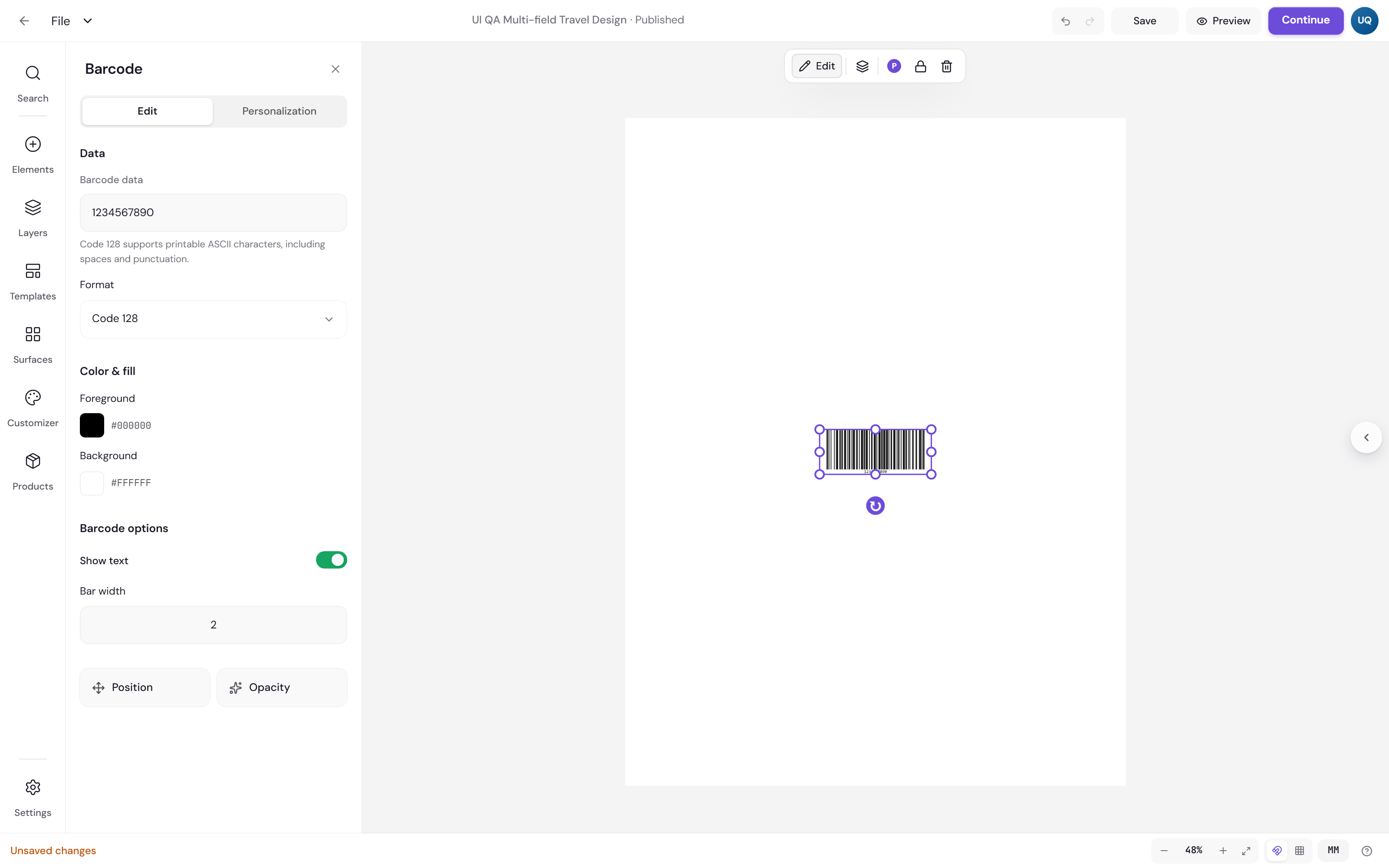 A barcode on the canvas with its settings panel open, showing barcode data, format, and foreground and background colour controls