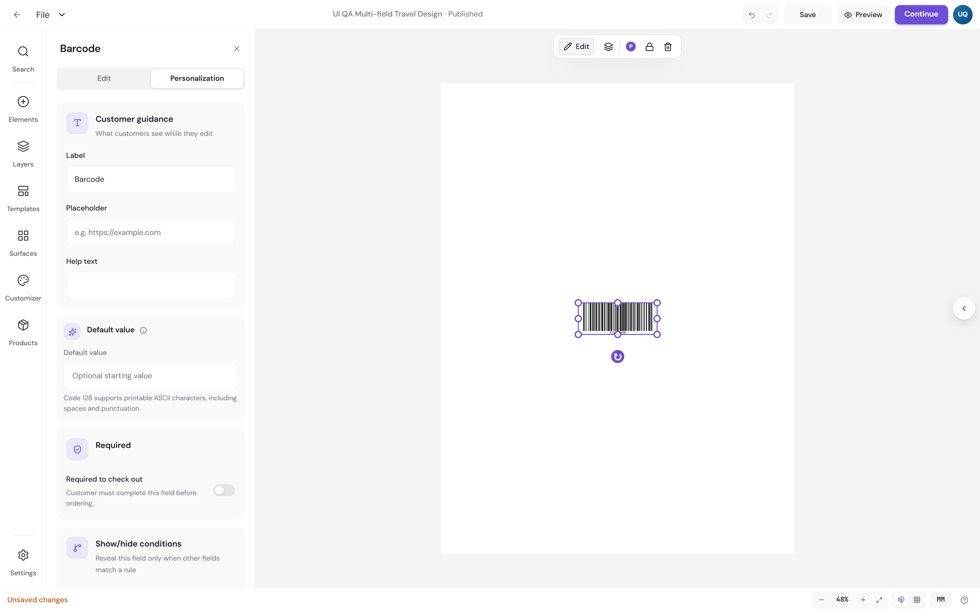The Personalization tab of the Barcode panel, with customer guidance fields for label, placeholder and help text, a default value and a required switch