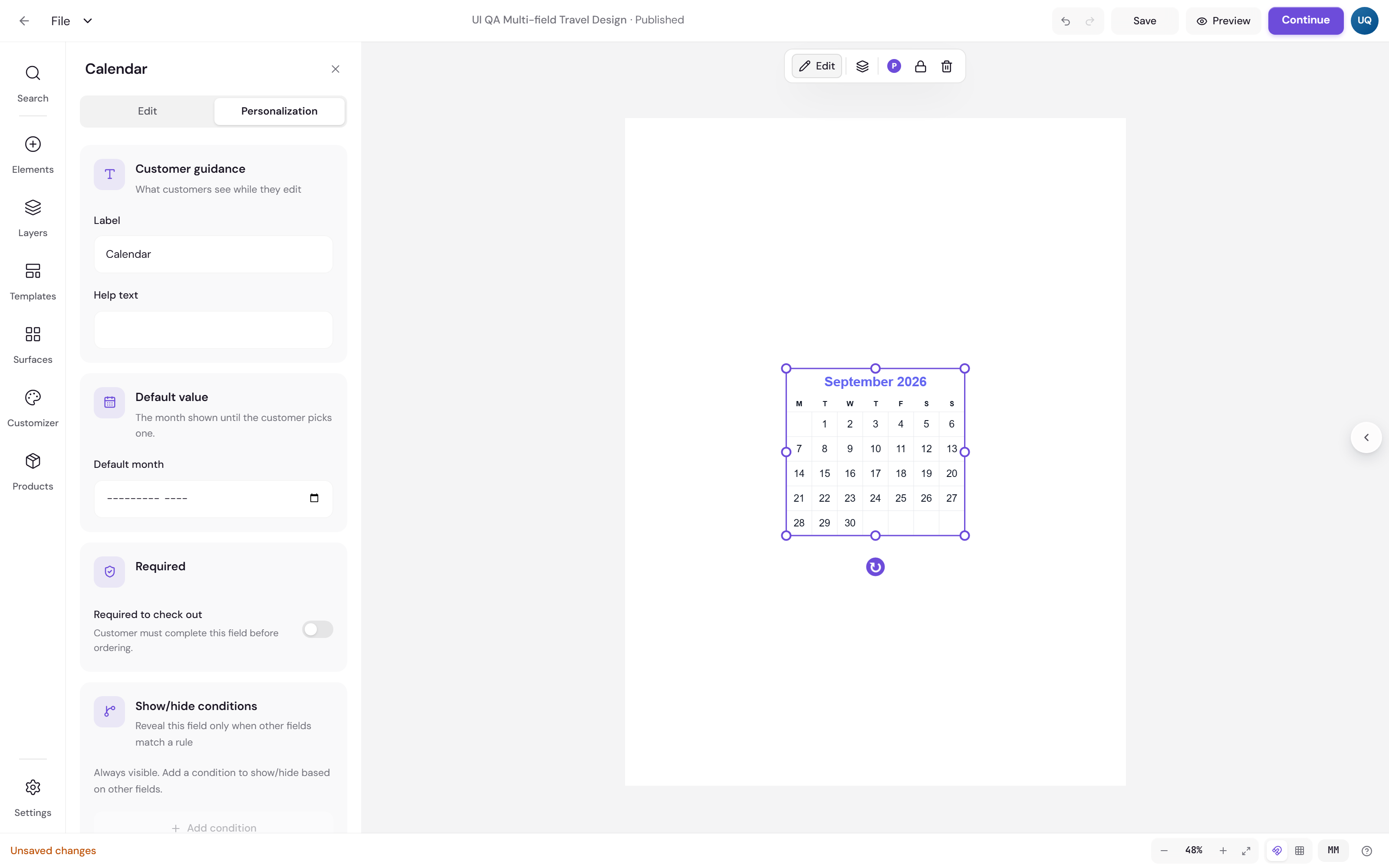 Earlier Personalization tab of the Calendar panel, with customer guidance fields for label, placeholder and help text, a default value, and a required switch