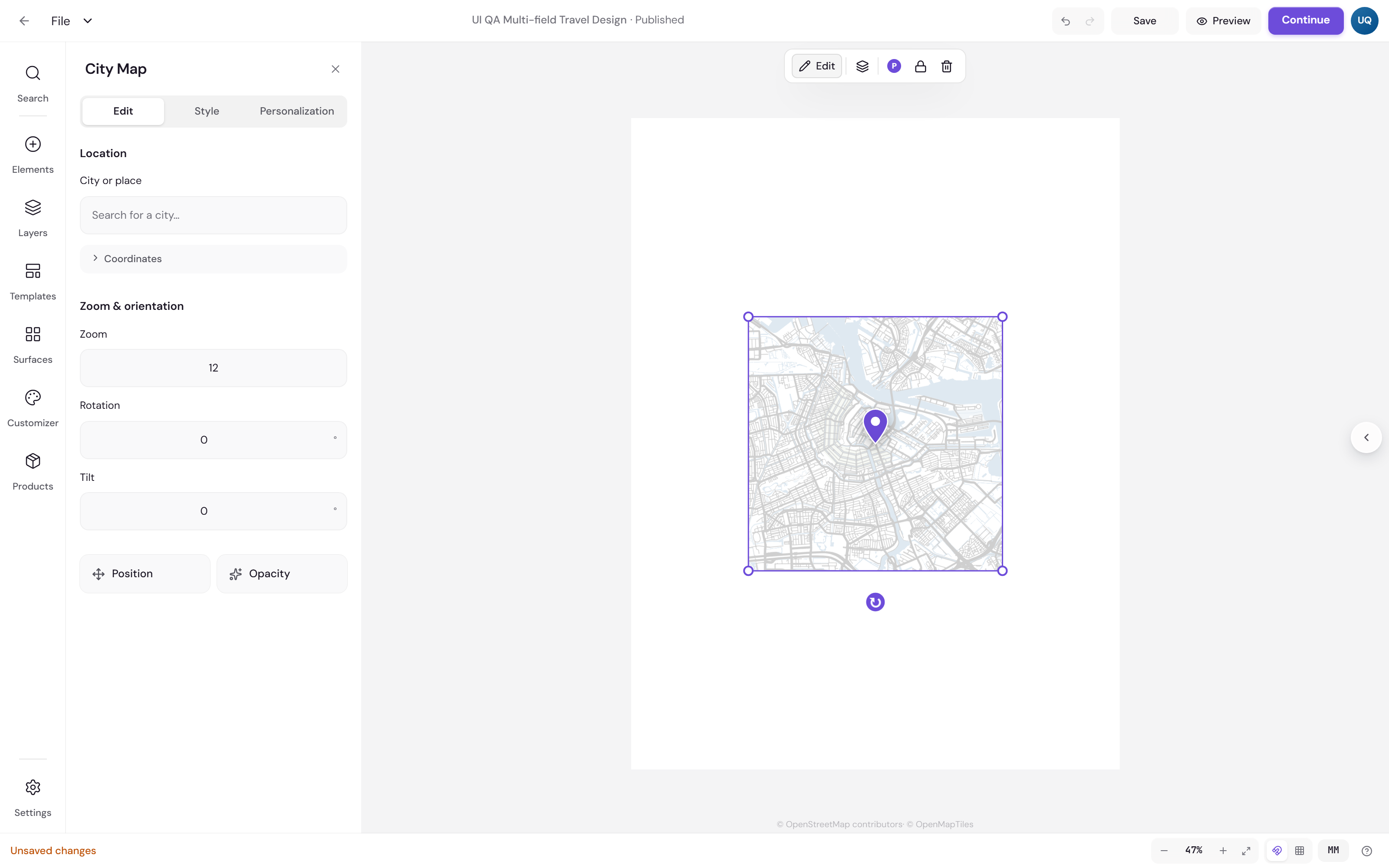 Earlier city map settings panel for Amsterdam, showing Location, City or place, Coordinates, and a Zoom and orientation section