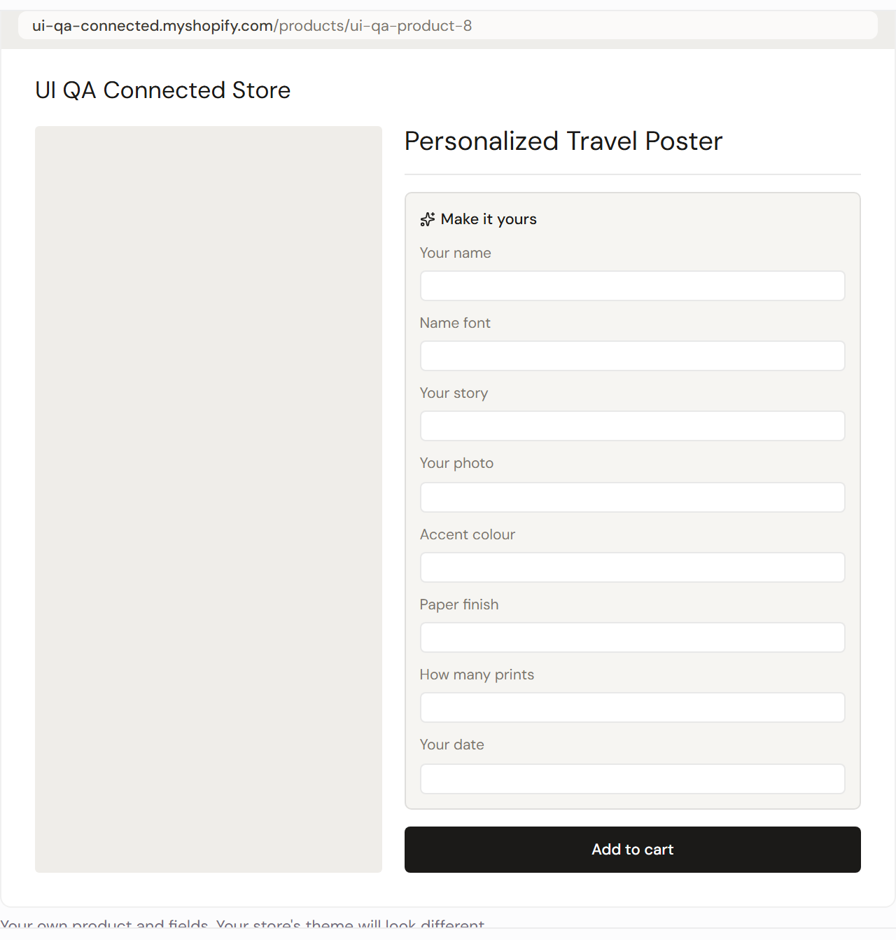 The Embedded preview: a mock product page with a Make it yours panel holding every field of the design